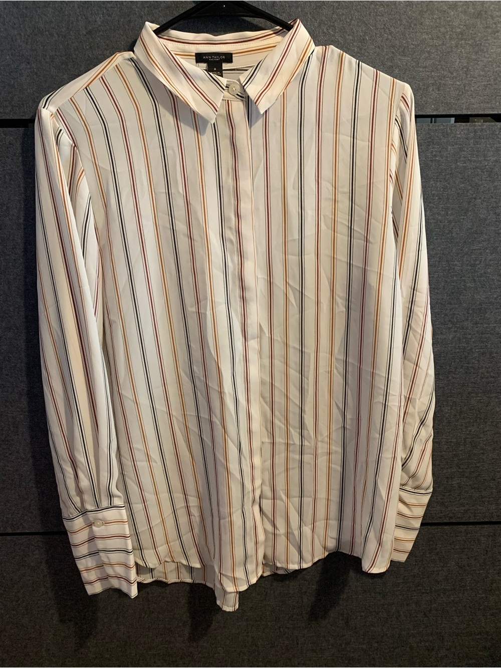 Ann Taylor White Button-Up Shirt with Brown and Rust Stripes